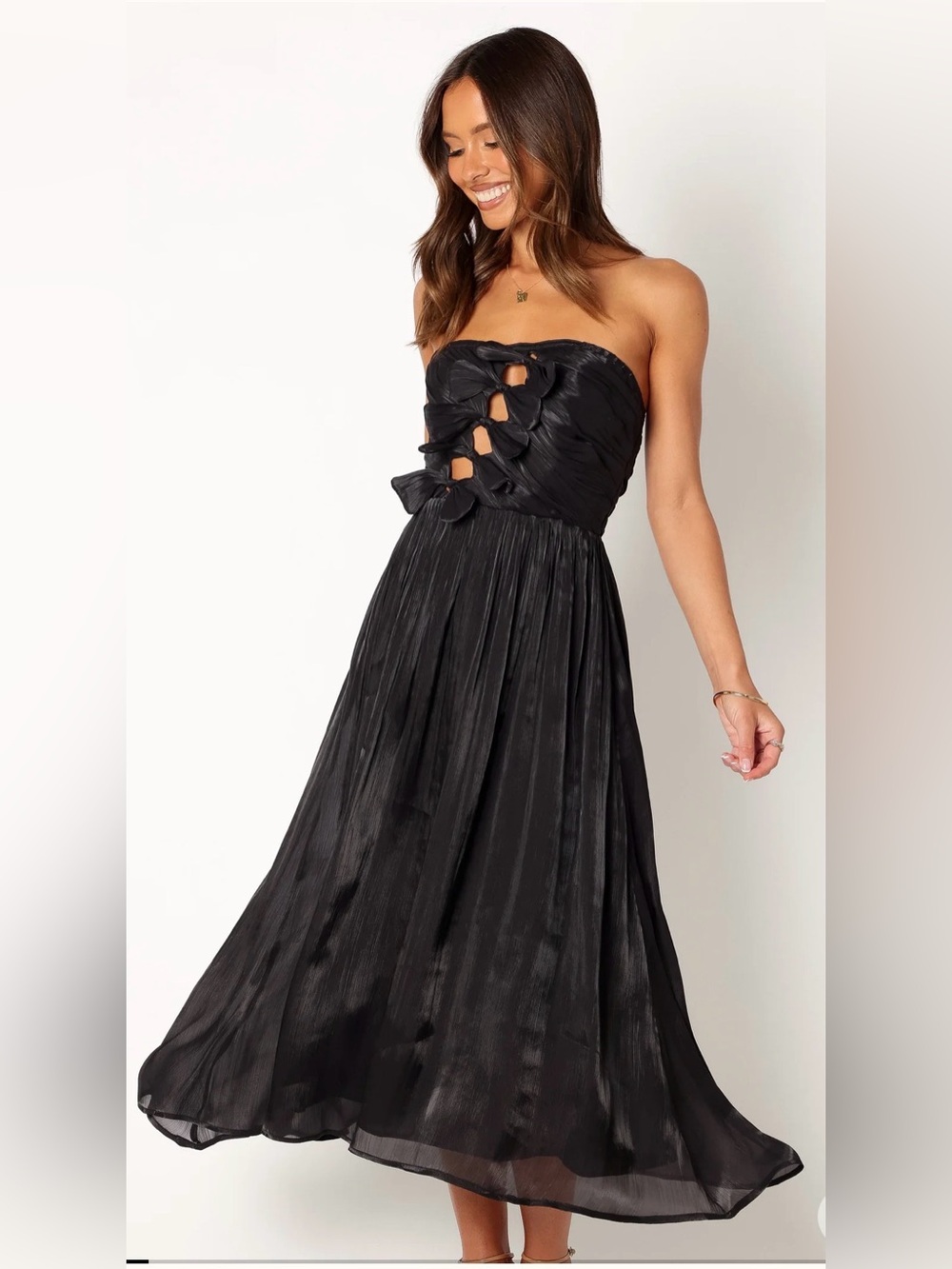 Petal & Pup Mila Black Strapless Midi Dress with Bow Cutouts, XS